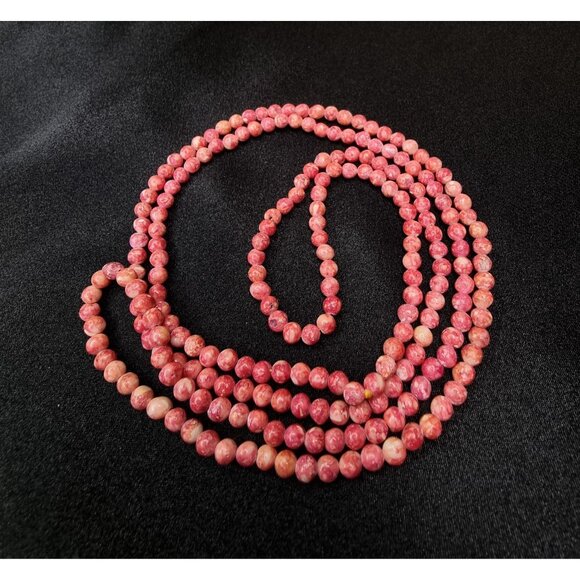 Vintage Long Rhodonite Beaded Necklace 35" Long Pink & White Gemstone Strand Jew - Picture 1 of 6